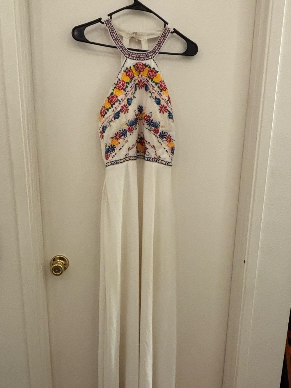 White Embroidered Halter Prom Dress - Boho Floral Detail